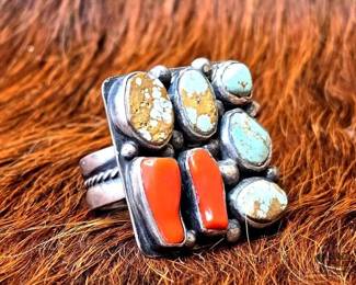 1222 Native American Turquoise Coral Sterling Silver Ring