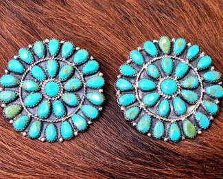 1240 Danny L Waunika Native American Sterling Silver Turquoise Cluster Earrings, 27.36g