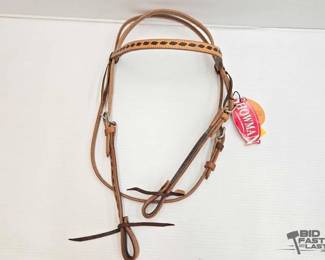 5210 NEW Showman Harness Leather Browband Headstall with Dark Brown Buckstitch Trim