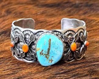 1020 Leroy James Native American Turquoise and Coral Engraved Sterling Silver Cuff