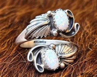 1196 Native American White Opal Wrap Around Leaf Sterling Silver Adjustable Ring Artist Stamped
