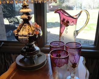 Bohemian Cranberry Enamel Flower Pitcher Set