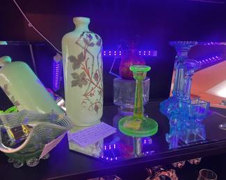 Uranium glass, blue uranium glass, and Victorian era painted custard glass. 
