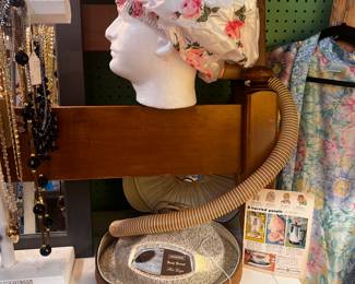 Vintage hair dryer, full bed frame with rails, vintage women’s robes including Vanity Fair nightgowns 