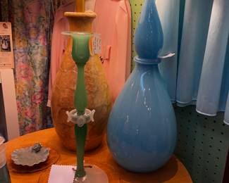 Pearl Capiz table lamp, MCM style decanter, Jade glass candlestick holder.