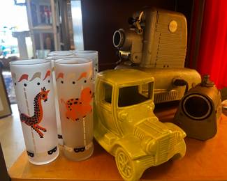 Libey Carousel glasses, antique car pottery planter, working vintage  projector 