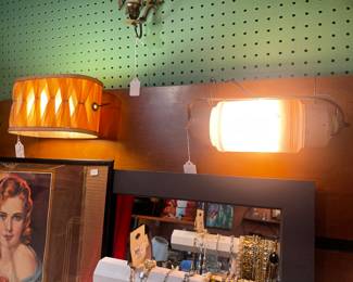 1930s-1960s headboard lamps, fabric and glass, costume jewelry.