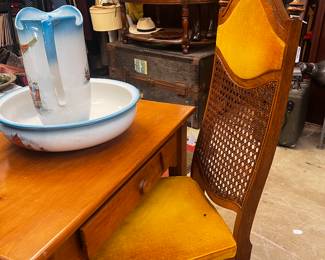 Wicker Hollywood Regency chair in mustard gold, small handmade desk