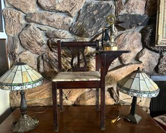 Tiffany Style lamps, antique telephone chair