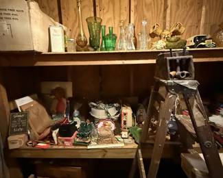 Night stand, old cameras, vintage items,Christmas tree