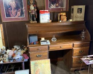 Framed pictures, rolltop desk, knickknacks,end table