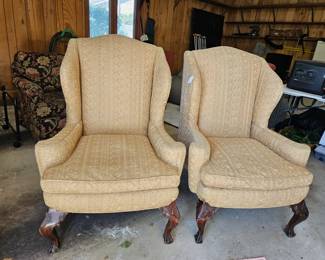 Pair of Queen Anne chairs in pale gold upholstery