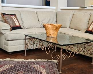 Custom made iron table from Mexico, Mid size sectional by Bassett interesting wood bowl or planter