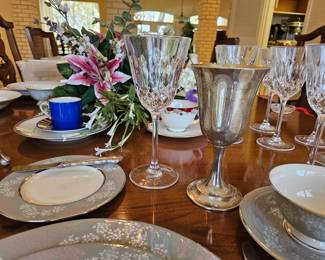 Castleton lace dinnerware service for 12 plus additional dinner plates, 8 sterling silver goblets