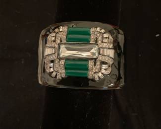 Vintage KJL hinged black enamel cuff with clear and green sets