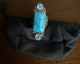 Vintage turquoise and blue topaz ring. Stamped “Running Bear”