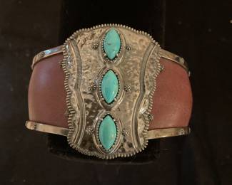 Jennifer Nettles & Carolyn Pollack leather, sterling, and turquoise cuff