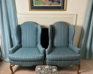 Pair Of Queen, Anne, Wing Chairs, Footstool, And Artwork 