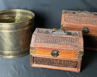 Decorative Wooden Chests and Brass Container 