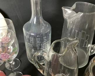 Etched Glass Decanter and Pitcher Set 