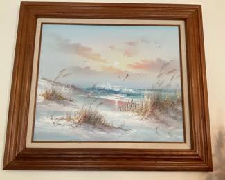 Framed Beach Scene Painting 