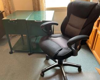 Green Metal Rolling File Cabinets and Black Office Chair 