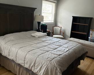 Queen bed, book shelves , mattress, bedding 
