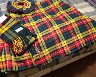 Kilt with scarf and tam. Black jacket and vest comes with it