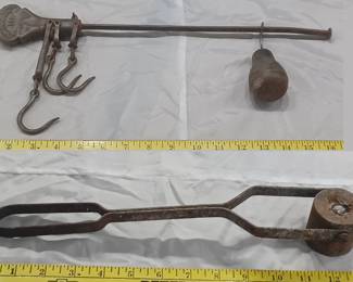 buffalo skinner's traveling butcher scales and lead melting crucible, probably for 50 caliber bullets. 