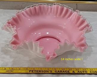 Huge 14 inch peach blow silver crest  ruffled Fenton console bowl