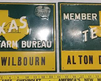 Texas farm bureau stamped embossed tin signs