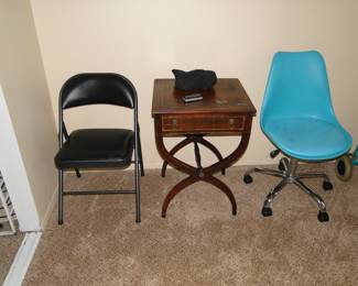Chair, table, blue rolling chair