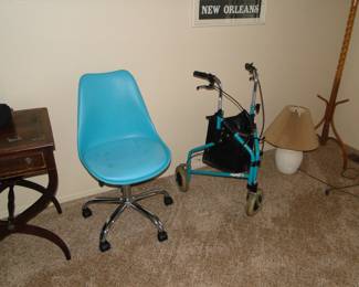 Blue rolling chair and matching blue walker