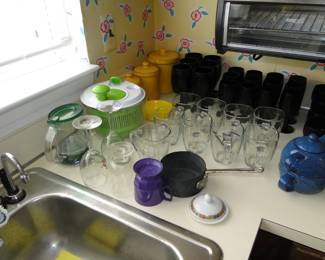 Clear cups, and purple barware too
