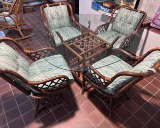 Vintage Bamboo Table + Glass  + Chairs
