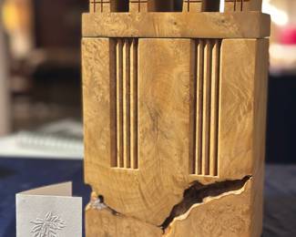 Hand Made, Signed Burl wood sculptural box titled "Castles"