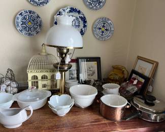 Art, Misc. Dishes, Lamp, Chicken w/Eggs, Decorative Bird/Flower Cage & a Pan