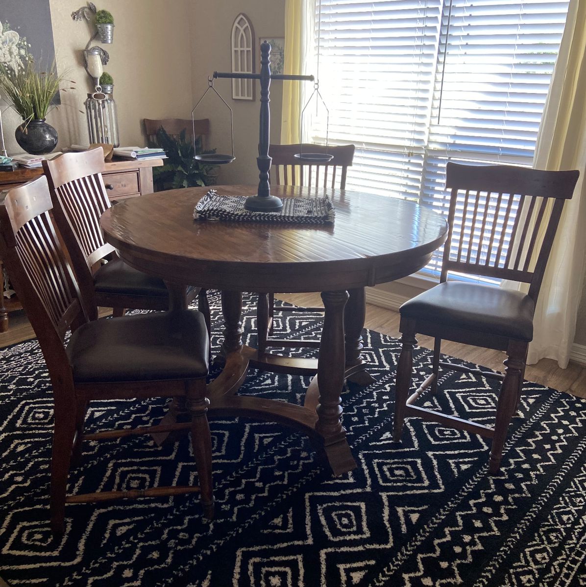 Walnut finish dining table with six chairs (counter height)