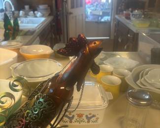Rooster wine holder and several Corning ware pieces 