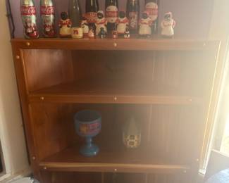  Cedar corner shelf and vintage Dr. Pepper bottles and Aunt Jemima items 