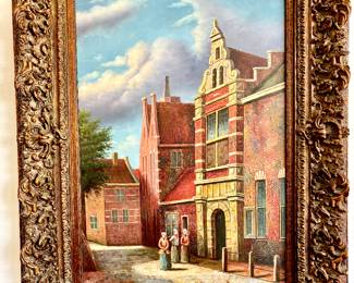 Large European village scene oil