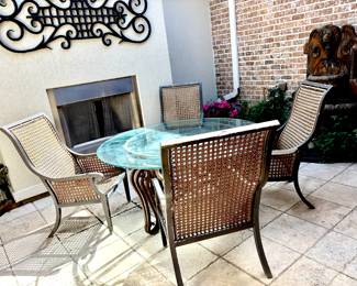 Metal/ glass table - 6 metal/ cane chairs