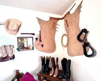 Custom chaps, boots, cowboy hats