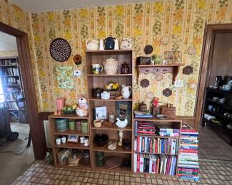 Cook books, knick knacks, hen on nest, vintage tins, pitchers, Haeger vase, cookie jar