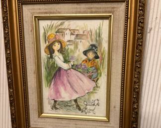 60s Original Framed Art of Girl w/Poodle