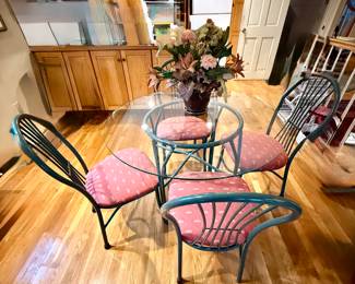 Green Metal Kitchen Set w/4 Chairs & Glass Top Table