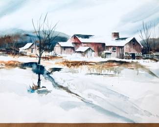 Farm in Winter Watercolor