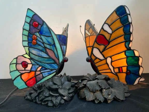 2 Butterfly Faux Stained Glass Portable Table Lamps