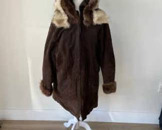 Vintage Leather Coat With Real Fur Trim