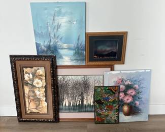 Collection Of Framed Art Including Faux Stained Glass Rose Print Signed Northern Lights Photograph